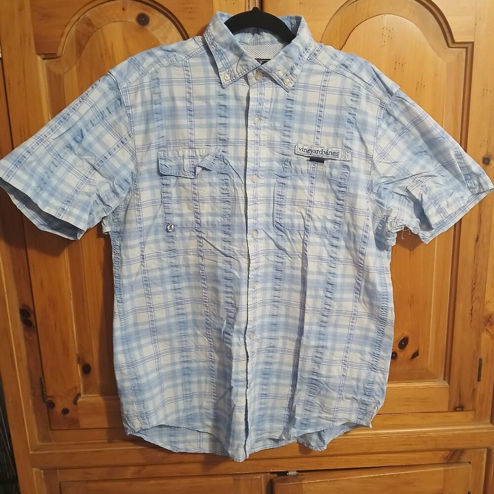 Vineyard Vines Shirt Men's Medium Blue Plaid Harbor Short Sleeve Vented Fishing